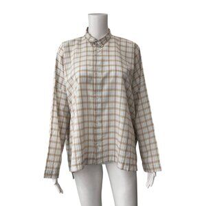 Eskandar Tan Blue Stripe Plaid Button Down Shirt size 1/Large